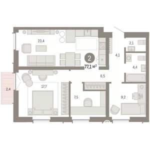 2-к квартира, вторичка, 77м2, 1/7 этаж