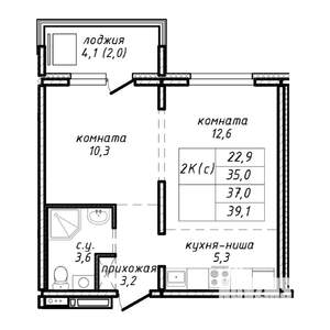 2-к квартира, строящийся дом, 37м2, 11/17 этаж