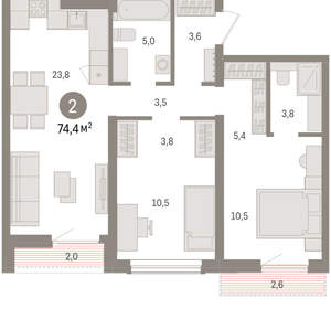 2-к квартира, вторичка, 74м2, 7/15 этаж