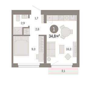 1-к квартира, вторичка, 35м2, 7/12 этаж