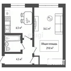 1-к квартира, вторичка, 30м2, 1/5 этаж