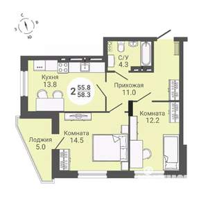 2-к квартира, строящийся дом, 58м2, 16/17 этаж