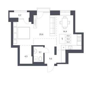 1-к квартира, вторичка, 52м2, 9/15 этаж