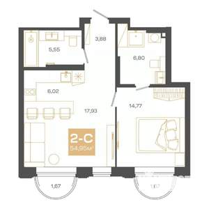 2-к квартира, строящийся дом, 55м2, 17/24 этаж