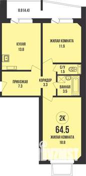 2-к квартира, строящийся дом, 65м2, 2/13 этаж
