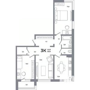 3-к квартира, вторичка, 83м2, 2/12 этаж