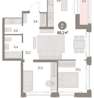 2-к квартира, вторичка, 66м2, 20/30 этаж
