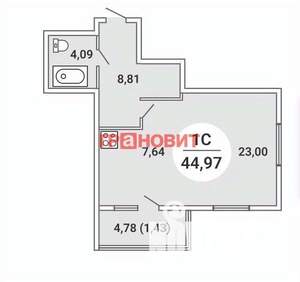 1-к квартира, вторичка, 45м2, 14/19 этаж