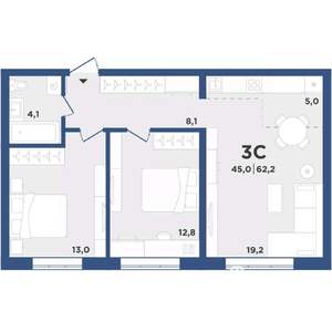 3-к квартира, вторичка, 62м2, 8/9 этаж