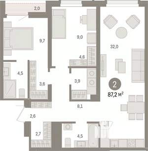 2-к квартира, вторичка, 87м2, 5/15 этаж