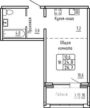 1-к квартира, строящийся дом, 27м2, 6/14 этаж