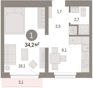 1-к квартира, вторичка, 34м2, 9/12 этаж