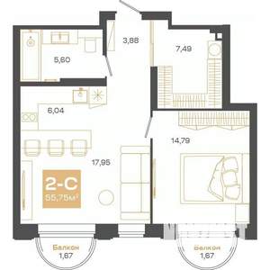 2-к квартира, строящийся дом, 55м2, 9/24 этаж