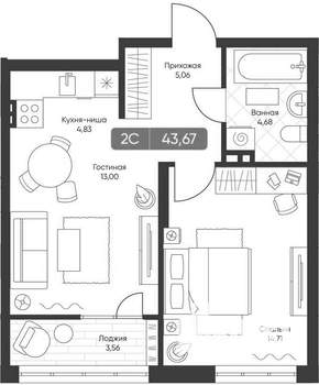 2-к квартира, вторичка, 42м2, 21/22 этаж