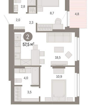 2-к квартира, вторичка, 58м2, 4/12 этаж