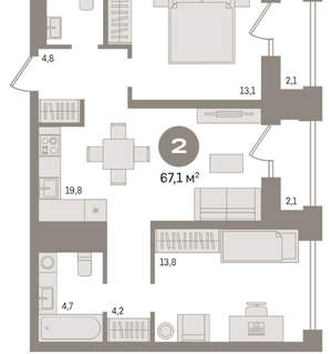 2-к квартира, вторичка, 67м2, 14/30 этаж