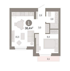 1-к квартира, вторичка, 36м2, 2/12 этаж