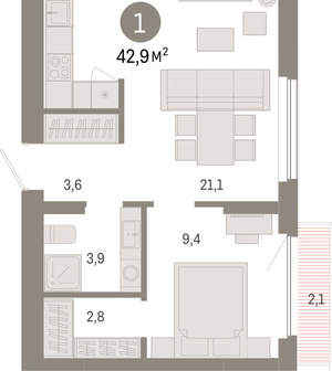 1-к квартира, вторичка, 43м2, 4/12 этаж