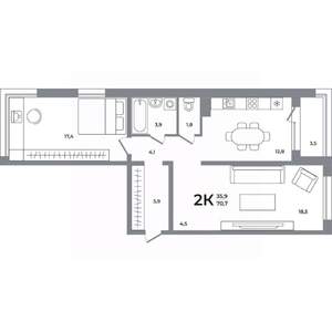 2-к квартира, вторичка, 70м2, 9/12 этаж
