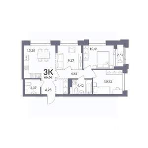 3-к квартира, вторичка, 67м2, 1/30 этаж