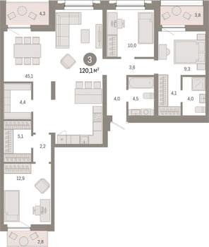 3-к квартира, вторичка, 120м2, 8/9 этаж