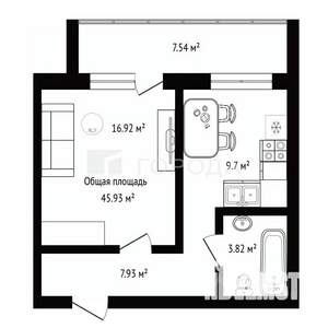 1-к квартира, строящийся дом, 46м2, 11/14 этаж