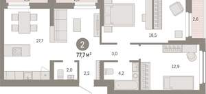 2-к квартира, вторичка, 78м2, 2/12 этаж