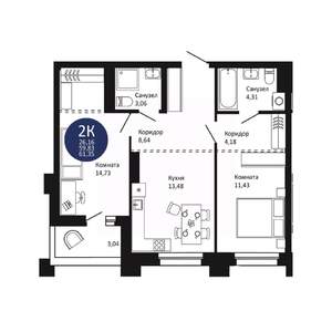2-к квартира, вторичка, 61м2, 19/20 этаж