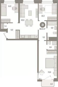 3-к квартира, вторичка, 84м2, 9/11 этаж