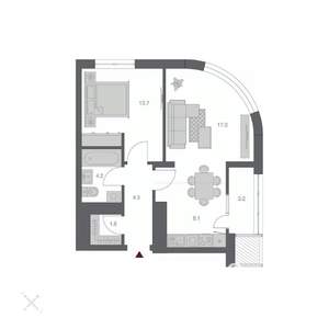 2-к квартира, строящийся дом, 53м2, 13/24 этаж