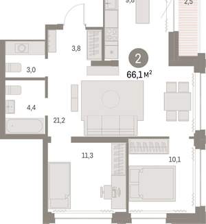 2-к квартира, вторичка, 66м2, 22/30 этаж