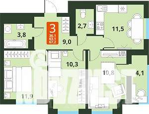 2-к квартира, строящийся дом, 61м2, 5/17 этаж