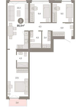3-к квартира, вторичка, 87м2, 5/23 этаж
