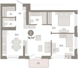 2-к квартира, вторичка, 75м2, 12/14 этаж