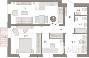2-к квартира, вторичка, 77м2, 3/7 этаж