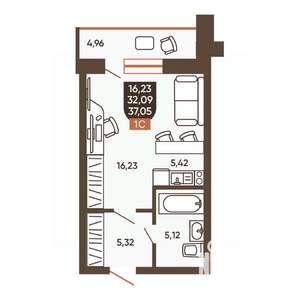 1-к квартира, вторичка, 37м2, 7/19 этаж