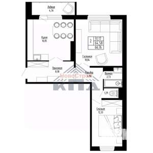 2-к квартира, вторичка, 67м2, 8/15 этаж