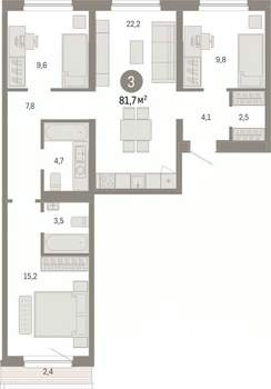 3-к квартира, вторичка, 82м2, 6/15 этаж