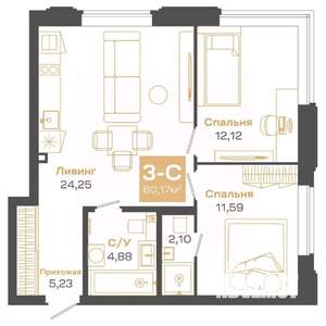 3-к квартира, строящийся дом, 60м2, 15/24 этаж