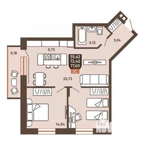 3-к квартира, вторичка, 78м2, 8/19 этаж
