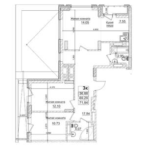 3-к квартира, строящийся дом, 69м2, 29/29 этаж