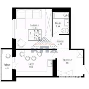 1-к квартира, строящийся дом, 46м2, 1/15 этаж