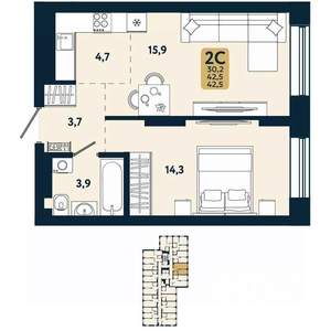 2-к квартира, вторичка, 43м2, 16/25 этаж