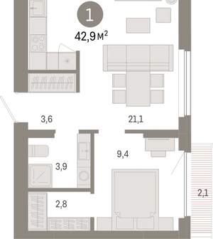 1-к квартира, вторичка, 43м2, 3/12 этаж