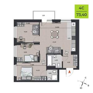 4-к квартира, вторичка, 75м2, 3/21 этаж