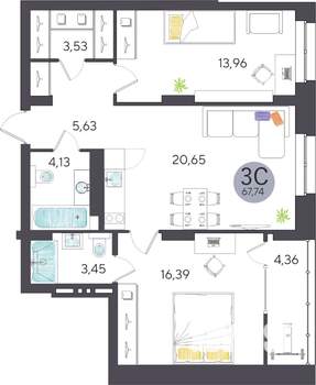 3-к квартира, строящийся дом, 68м2, 9/27 этаж