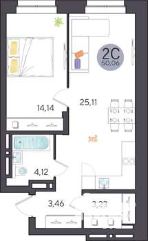 2-к квартира, строящийся дом, 50м2, 1/27 этаж