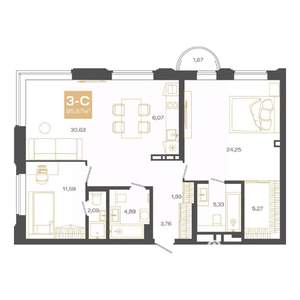3-к квартира, строящийся дом, 96м2, 19/24 этаж