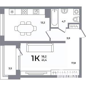 1-к квартира, вторичка, 41м2, 10/12 этаж
