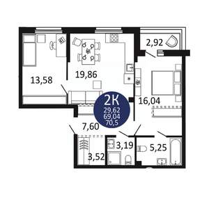 2-к квартира, вторичка, 71м2, 2/18 этаж